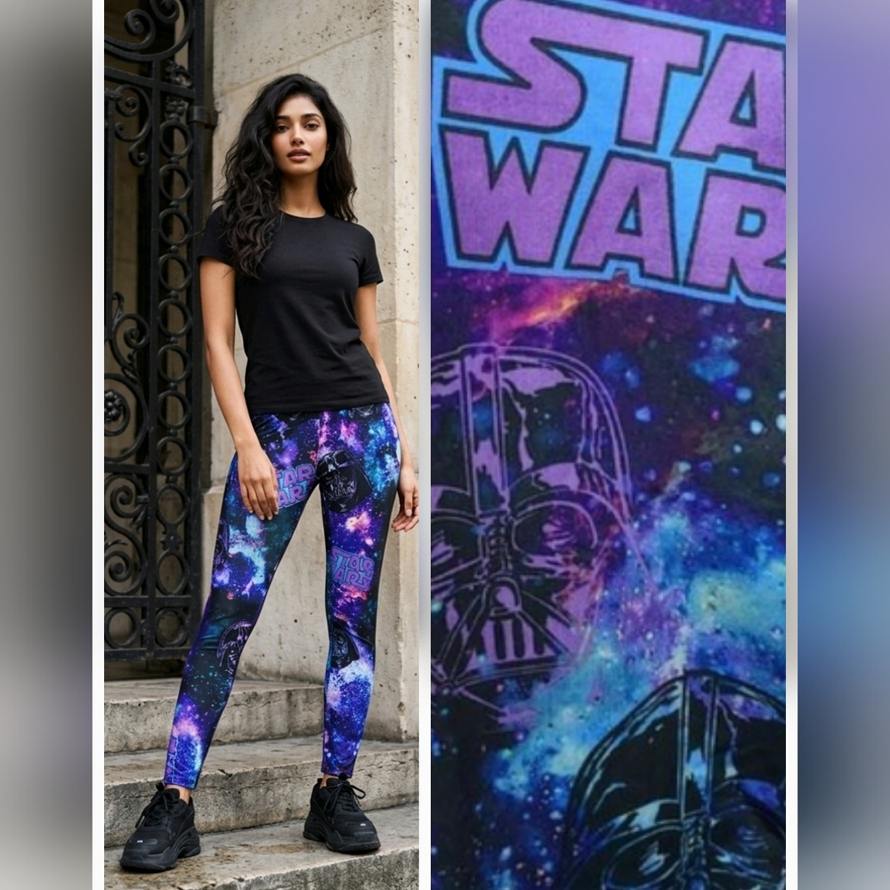 Star Wars Darth Vader Galaxy Leggings Purple Blue Cosmic Print Women's Large
